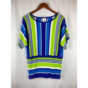 NWT Cable & Gauge Womens XL Green Blue Striped Short Sleeve Round Neck Top Bold